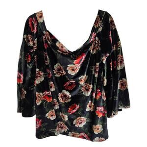 Torrid Blouse Off Shoulder Top Bell Sleeve Blouse Floral Blouse Women 0X Black